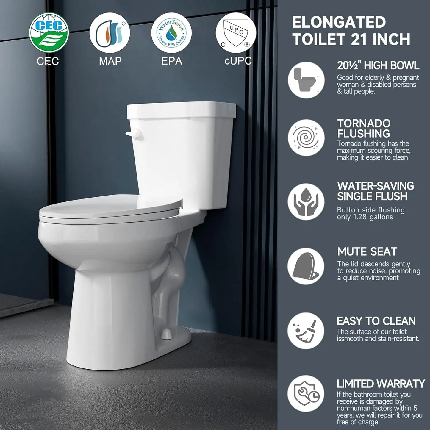 Elongated Extra Tall Toilet 21 Inch for Seniors 1.28 GPF Tornado Flush.
