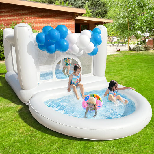 White Bounce House with Pump, Kids Ball Pit, for Kids 3-6 Birthdays Indoor/Outdoor Playhouse.