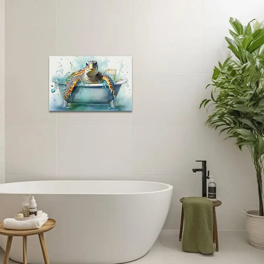 Sea Turtle Bathroom Wall Art Funny, in Bathtub Canvas Painting.