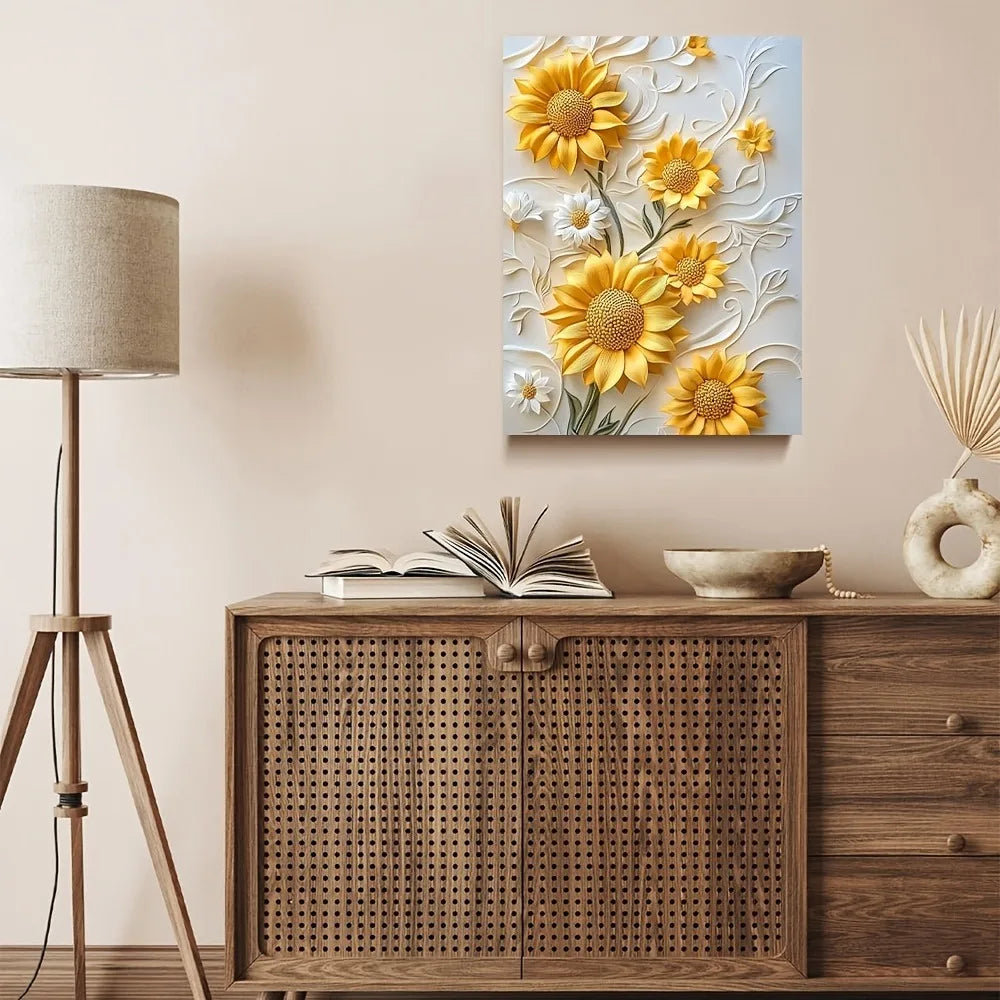 3D relief sunflower canvas art with wood frame, vivid yellow wall printing- living room decor.