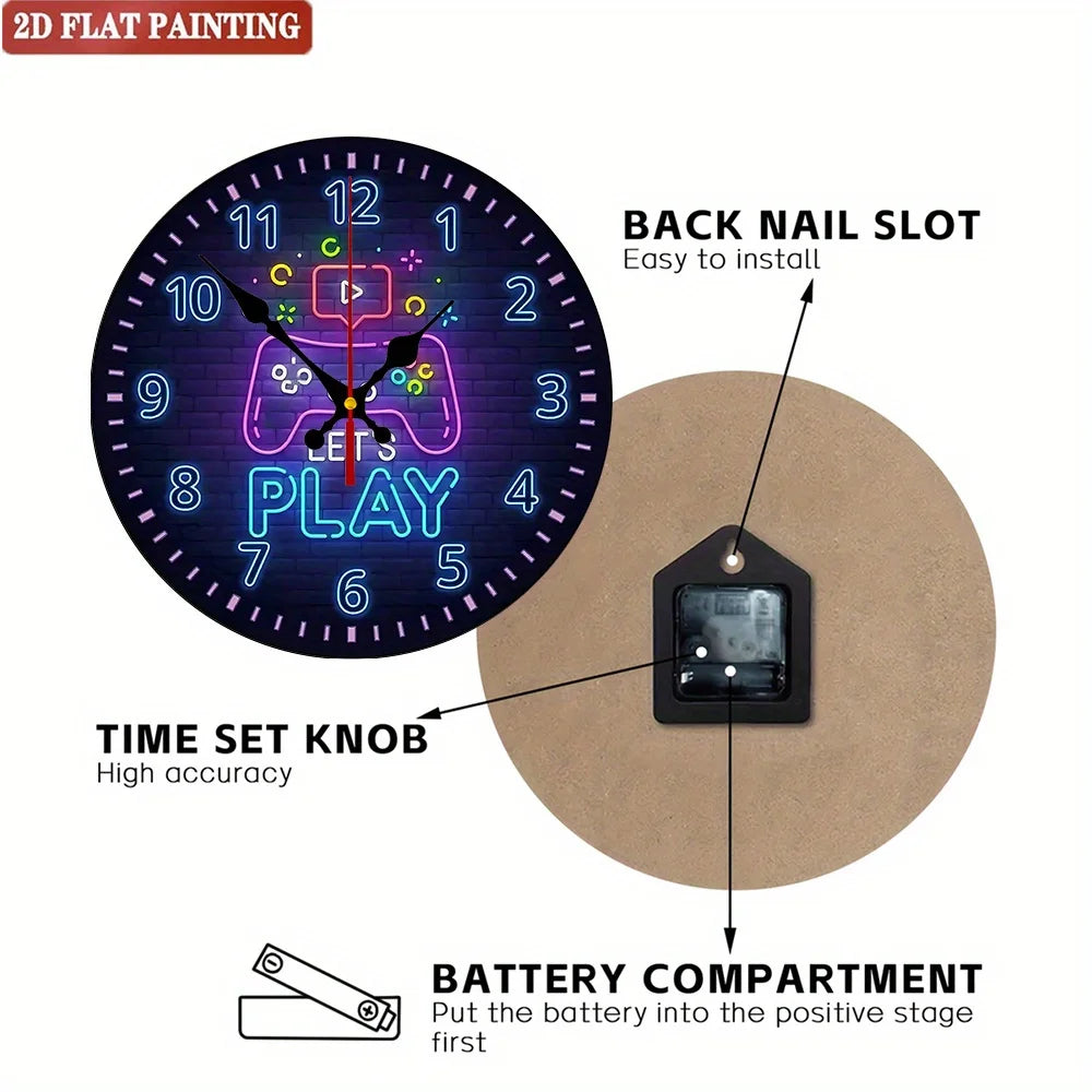 Gaming Console Clock. Neon blue/purple arcade design for game room. A perfect gamer gift.