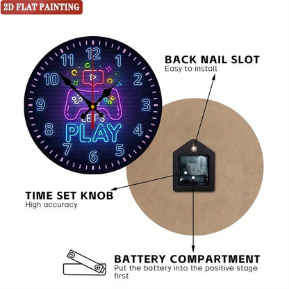 Gaming Console Clock. Neon blue/purple arcade design for game room. A perfect gamer gift.