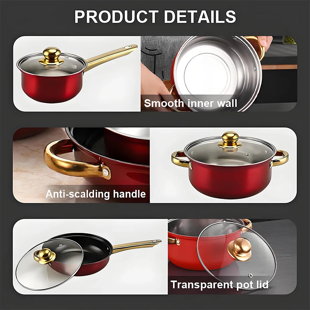 12Pcs/Set Stainless Steel Red Cookware Set Non-Stick Pans.
