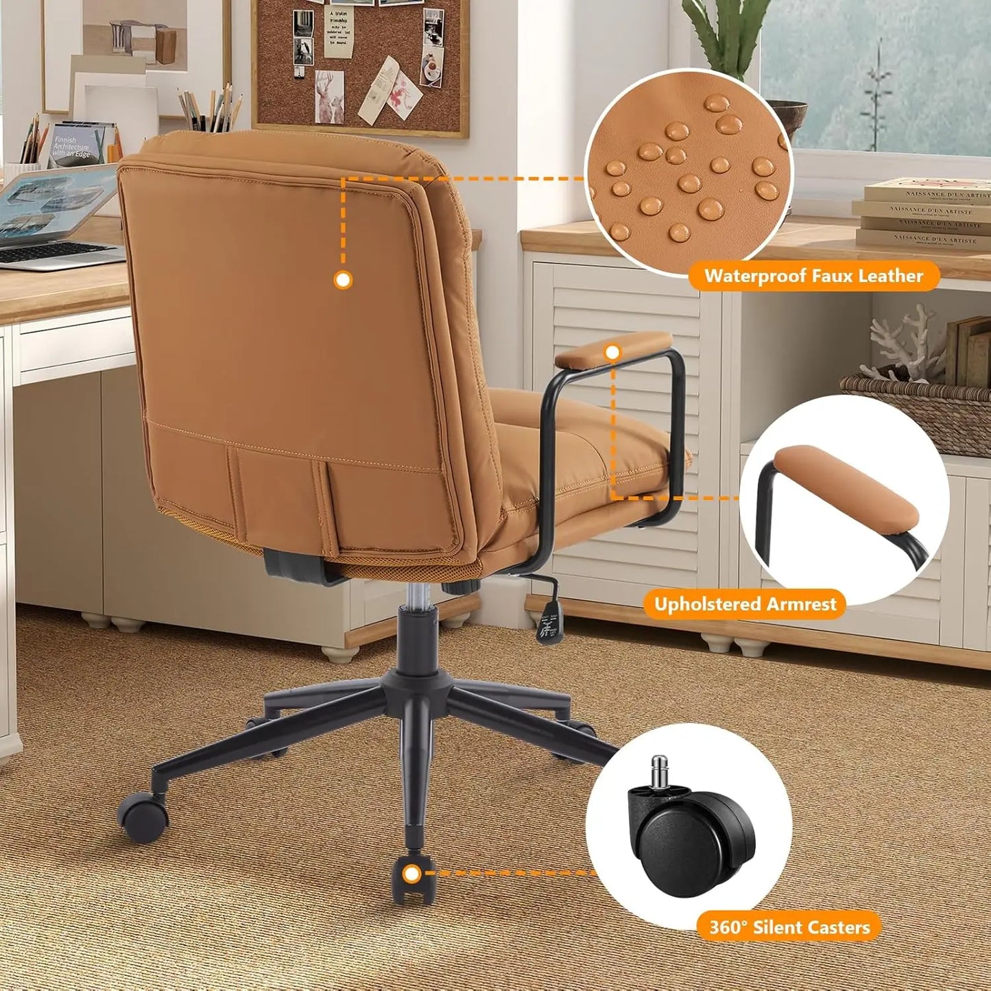 Leather Home Desk Chair, Comfortable Executive Office Chair with Wheels, Adjustable Height.
