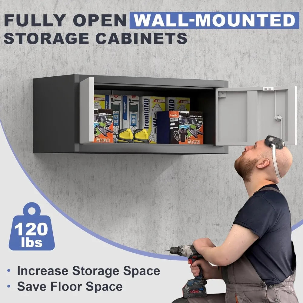 Metal Locking Cabinet, 12.8" H Garage Cabinet Wall Mount, Steel Storage with Doors and Shelves, Floating.