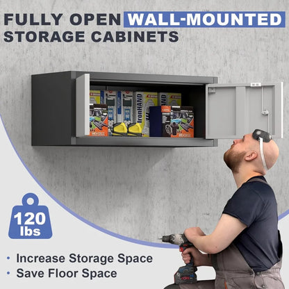 Metal Locking Cabinet, 12.8" H Garage Cabinet Wall Mount, Steel Storage with Doors and Shelves, Floating.
