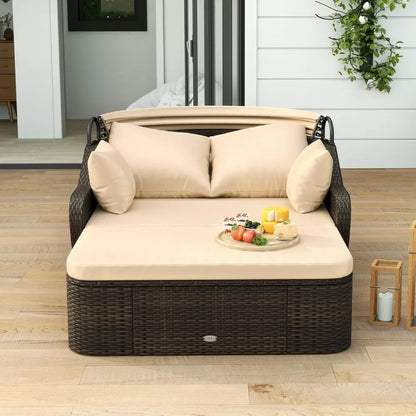 Outdoor Daybed with Retractable Canopy - PE Rattan Double Chaise Lounge, Pillows- Patio Furniture Set.