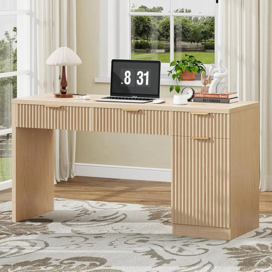 60" Executive Desk with Fluted Drawers, Wood Home Office Desk with Storage Cabinet, Charging Station.