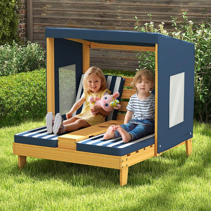 Kids Chaise Lounge Chair Outdoor, Wood Double Pool Lounger Chairs w/Canopy, Cup Holder.