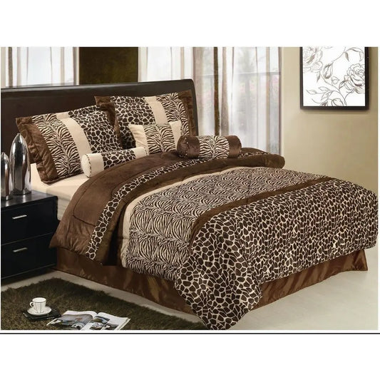 Queen Size Brown Animal Print Zebra, Giraffe Comforter Set, Microfiber Bedding.