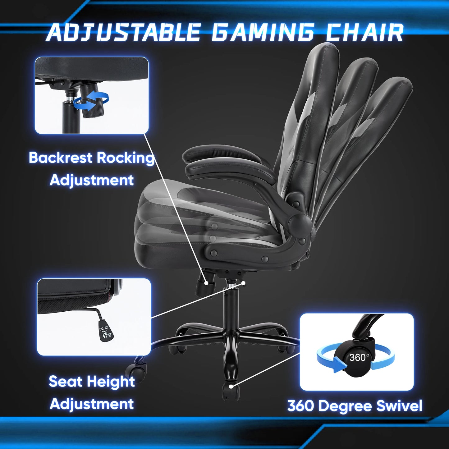 Ergonomic Office Computer Home Gaming Desk Chair Adjustable PU Leather, Flip-up Armrest.