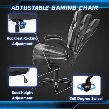Ergonomic Office Computer Home Gaming Desk Chair Adjustable PU Leather, Flip-up Armrest.