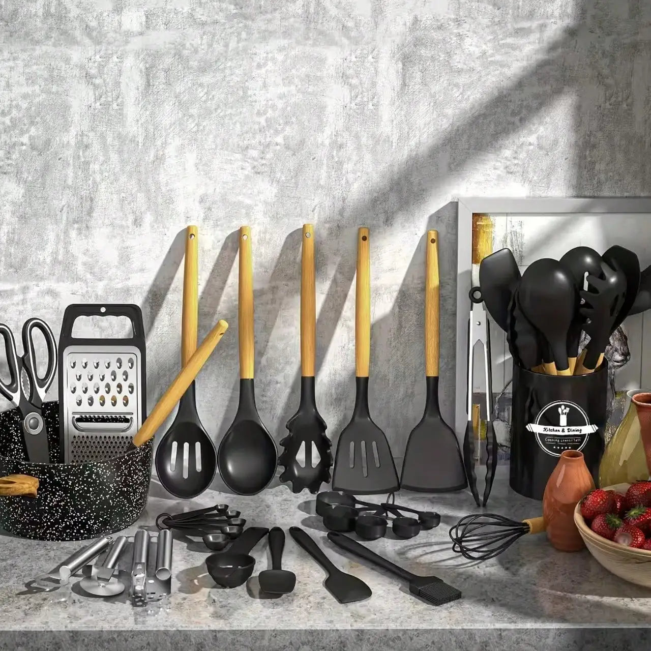 44-Piece Silicone Kitchen Utensil Set w/ Holder Black Wood Handle.
