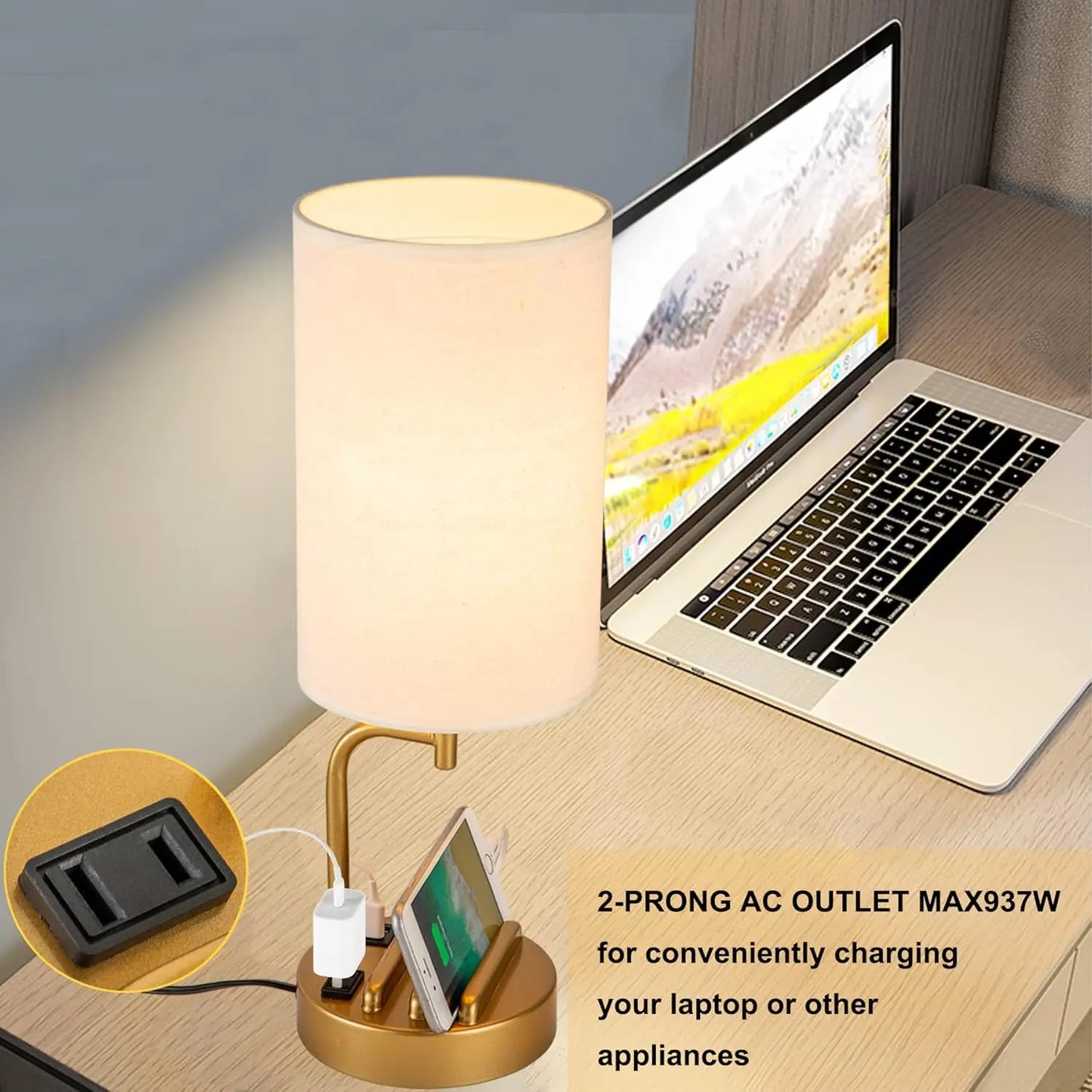 Touch Control USB Table Lamp with Dimmable LED, USB C/A Charging Ports.