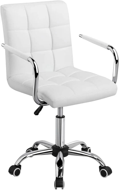 White Desk Chairs with Wheels/Armrests Modern PU Leather Office Chair Midback Adjustable Home Executive Chair 360°