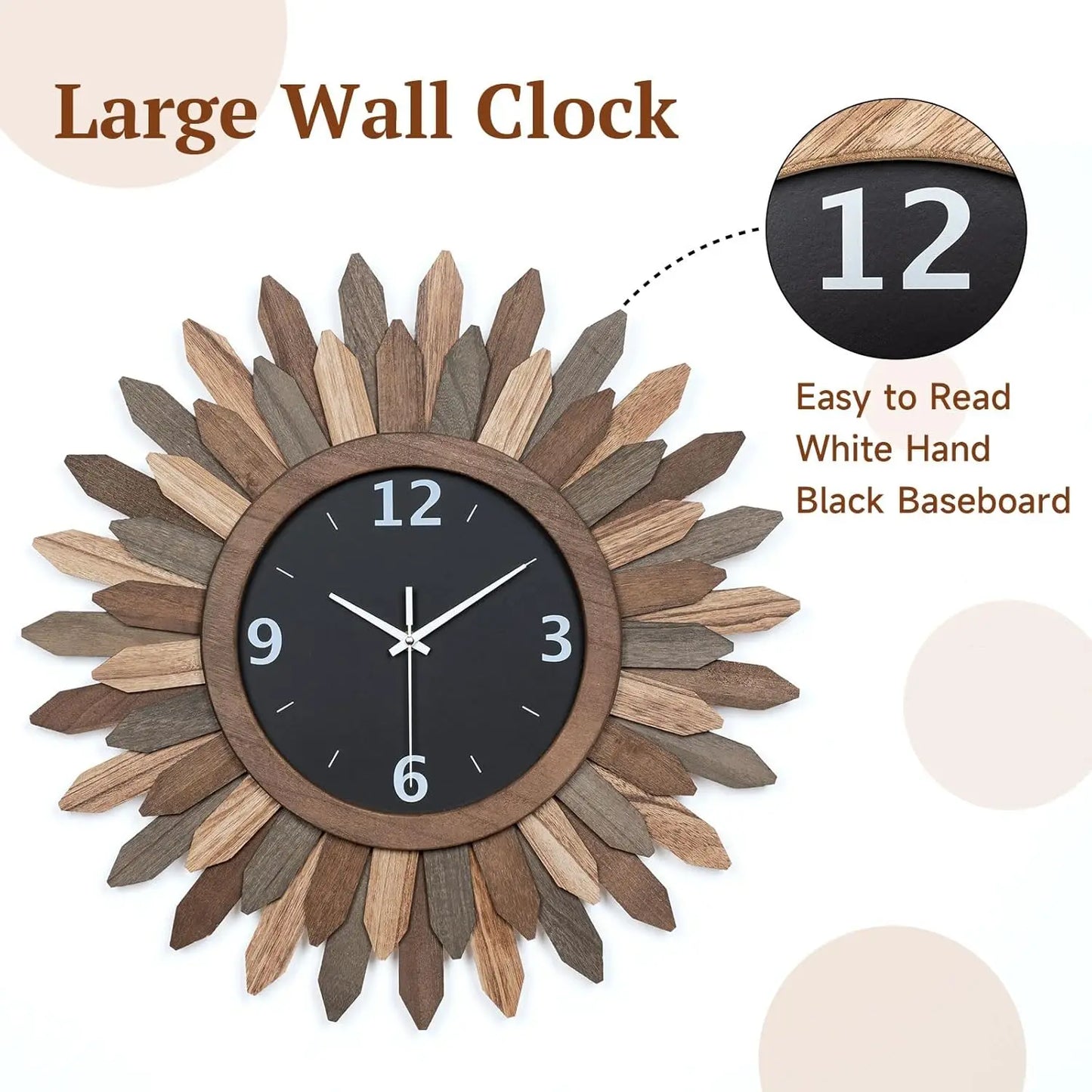Large Wall Clock Battery Operated 21 in Rustic Wood Boho Sunburst Decorative Wall Clock, Silent.