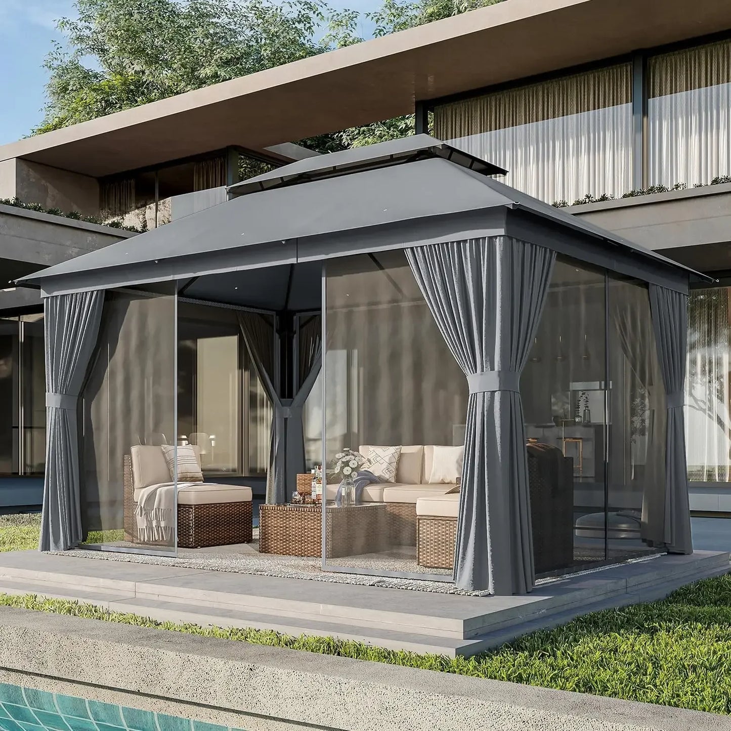 Outdoor Gazebo for Patio 10x12, Metal Frame Canopy with Double Roofs, Heavy Duty.