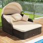 Outdoor Daybed with Retractable Canopy - PE Rattan Double Chaise Lounge, Pillows- Patio Furniture Set.