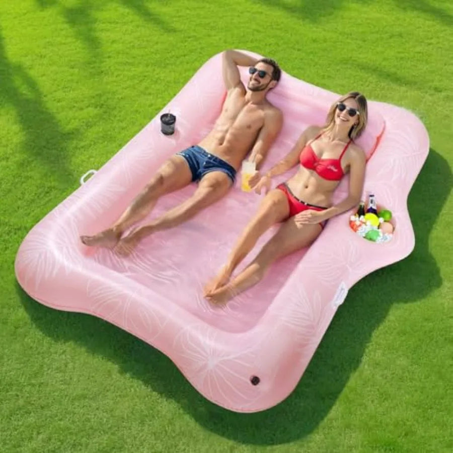 Large Inflatable Pool Float for Adults with Ice Bar and Drink Holder Tanning Bed Raft.