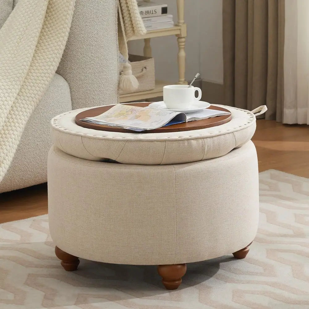 Round Storage Ottoman with Tray, Modern Tufted Fabric Circle Coffee Table with Storage, Removable Top.