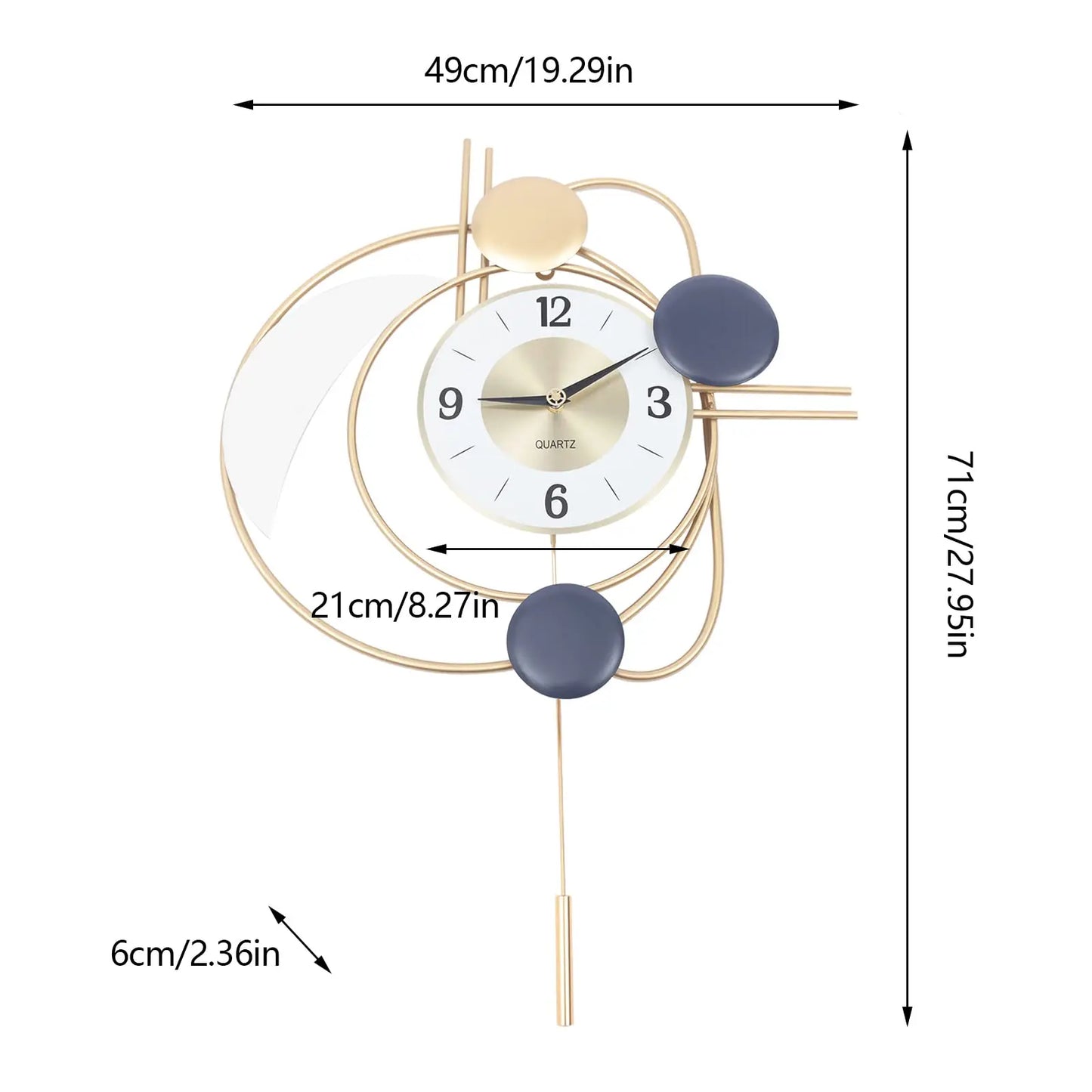 Large Modern Metal Wall Clocks Luxury Silent Hanging Clock with Swing Pendulum, Wall Art Decor.