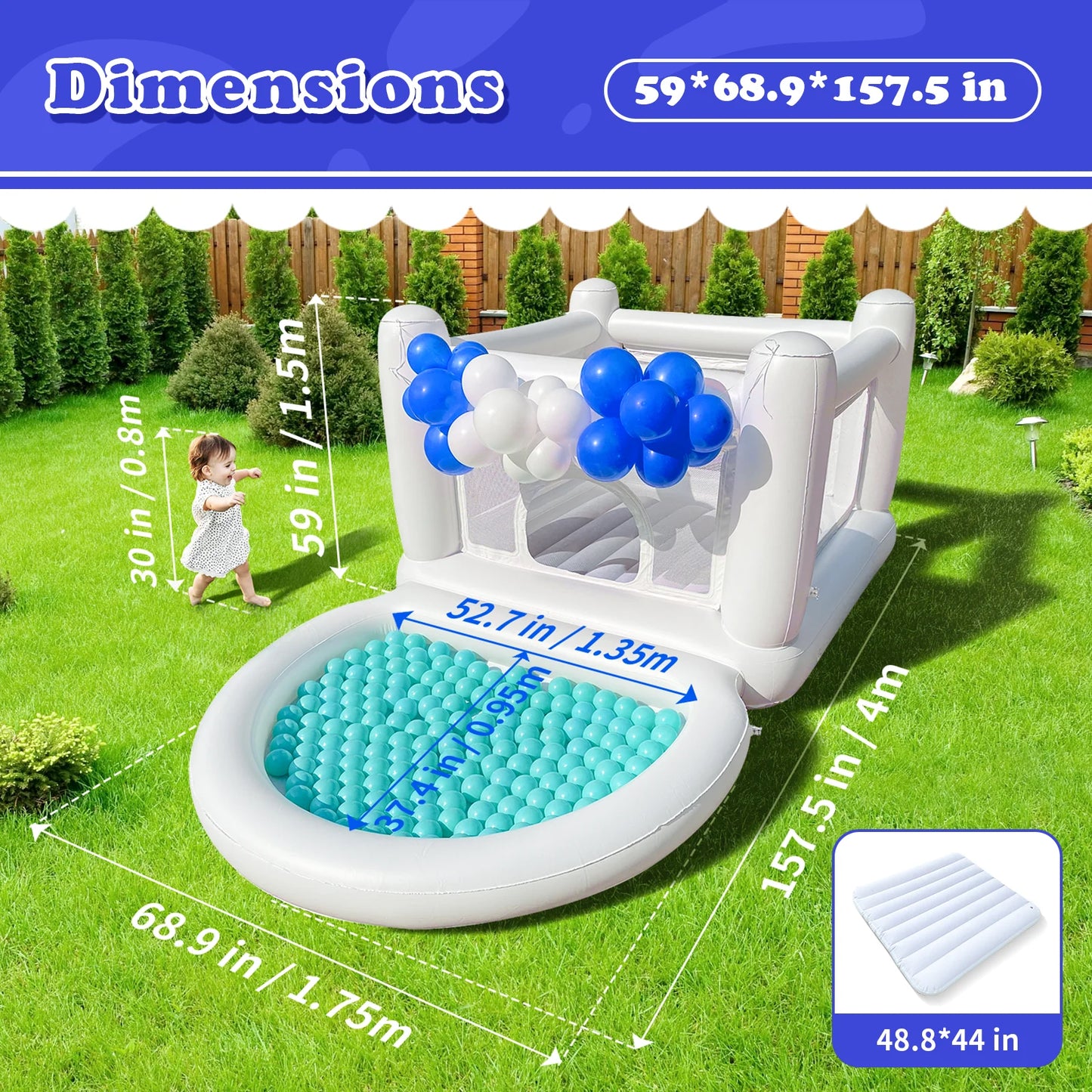 White Bounce House with Pump, Kids Ball Pit, for Kids 3-6 Birthdays Indoor/Outdoor Playhouse.