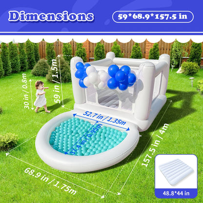 White Bounce House with Pump, Kids Ball Pit, for Kids 3-6 Birthdays Indoor/Outdoor Playhouse.