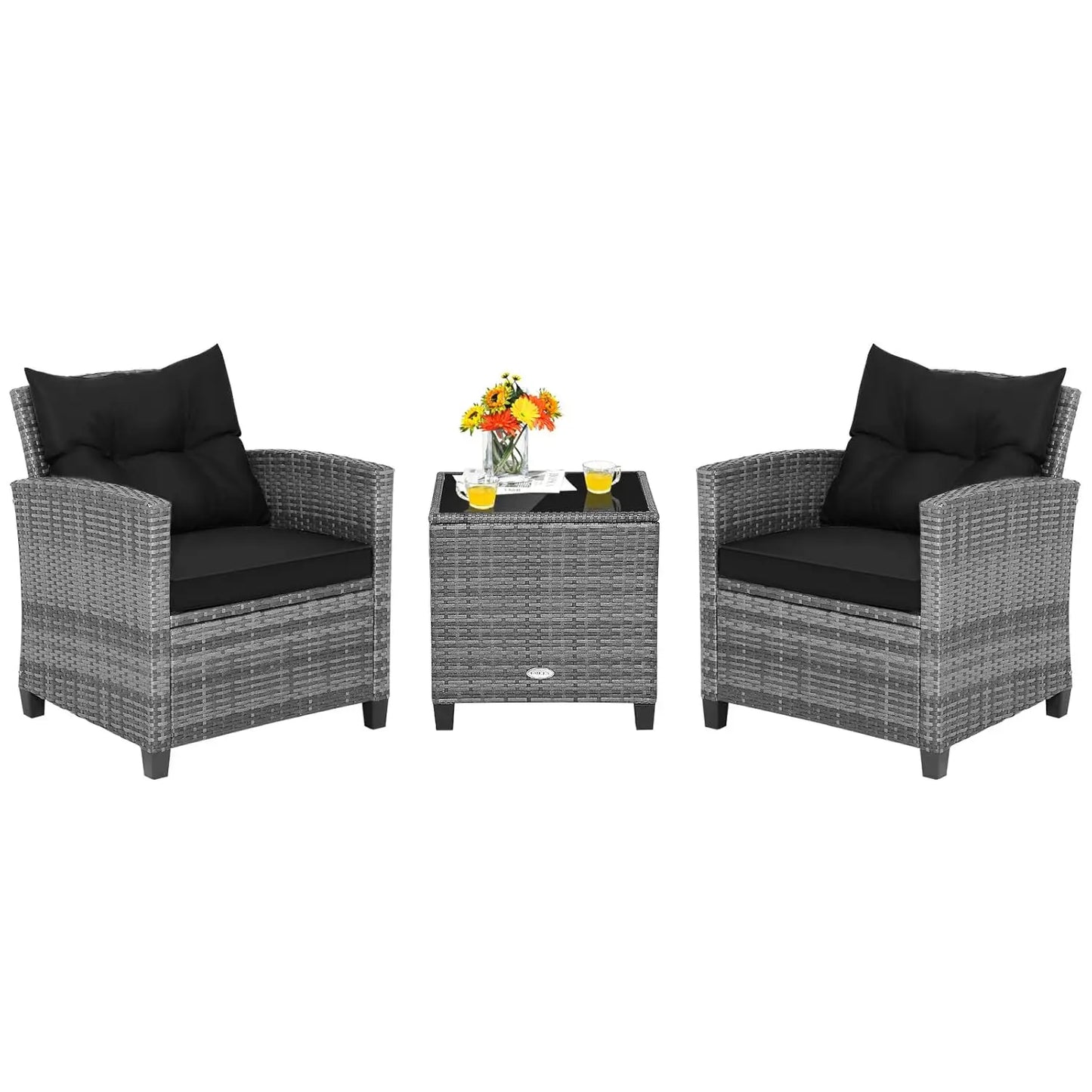 3 Pieces Patio Furniture Set, PE Rattan Wicker Outdoor Sofa Set w/Washable Cushion and Tempered Glass.