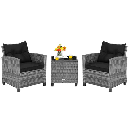 3 Pieces Patio Furniture Set, PE Rattan Wicker Outdoor Sofa Set w/Washable Cushion and Tempered Glass.