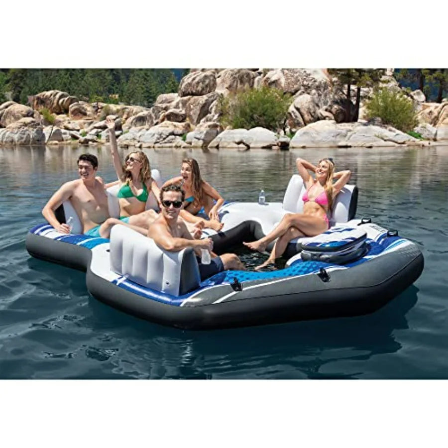 Blue Tropic Inflatable 5 Person Raft with Backrests Built-in Cooler and 4 Cupholders for Swimming Pool.