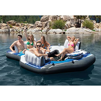 Blue Tropic Inflatable 5 Person Raft with Backrests Built-in Cooler and 4 Cupholders for Swimming Pool.