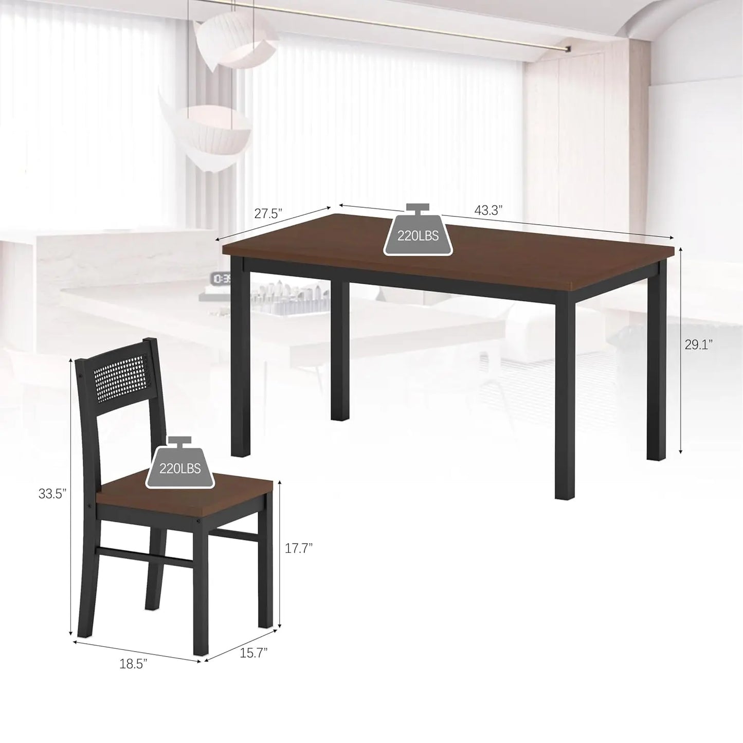 Black Dining Table Set for 4-43.3" Table and Chairs Solid Wood Legs and Woven Rattan Backs.