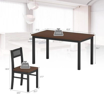 Black Dining Table Set for 4-43.3" Table and Chairs Solid Wood Legs and Woven Rattan Backs.
