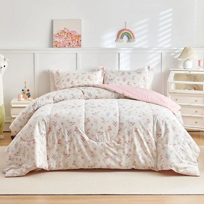 3pcs Cotton Comforter Set for Girls, Pink Floral Design, Twin Size Soft n Cozy Bedding Comforter Set.