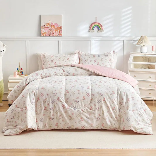 3pcs Cotton Comforter Set for Girls, Pink Floral Design, Twin Size Soft n Cozy Bedding Comforter Set.