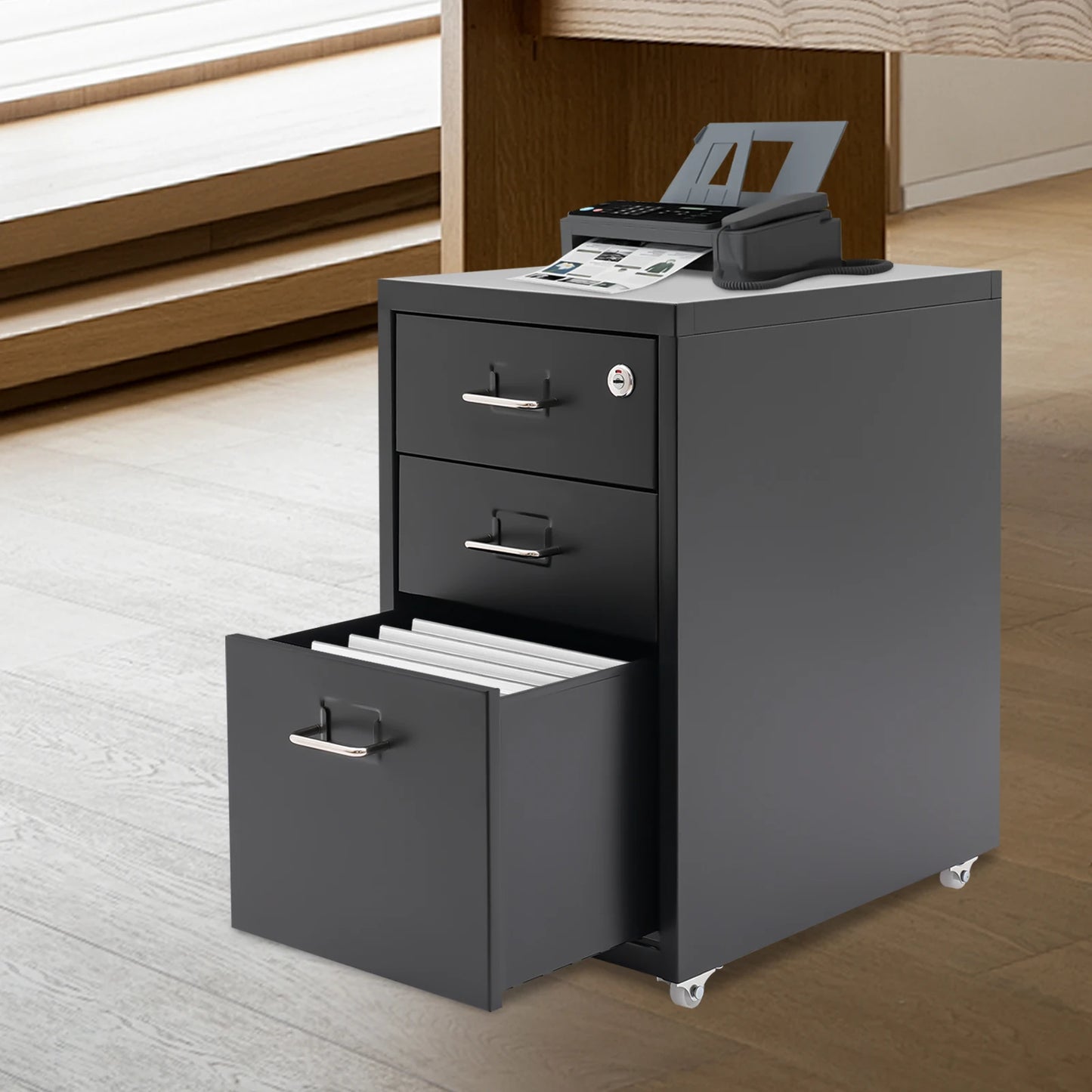 3 Tiers Rectangular Steel Vertical File Cabinet, Metal Mobile File Cabinet with Lock for Office, Study.