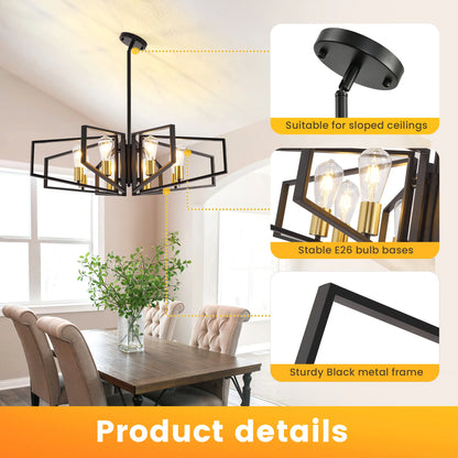 8-Light Geometric Chandelier Adjustable Height Metal Pendant Light with Black Frame & Golden Accents.