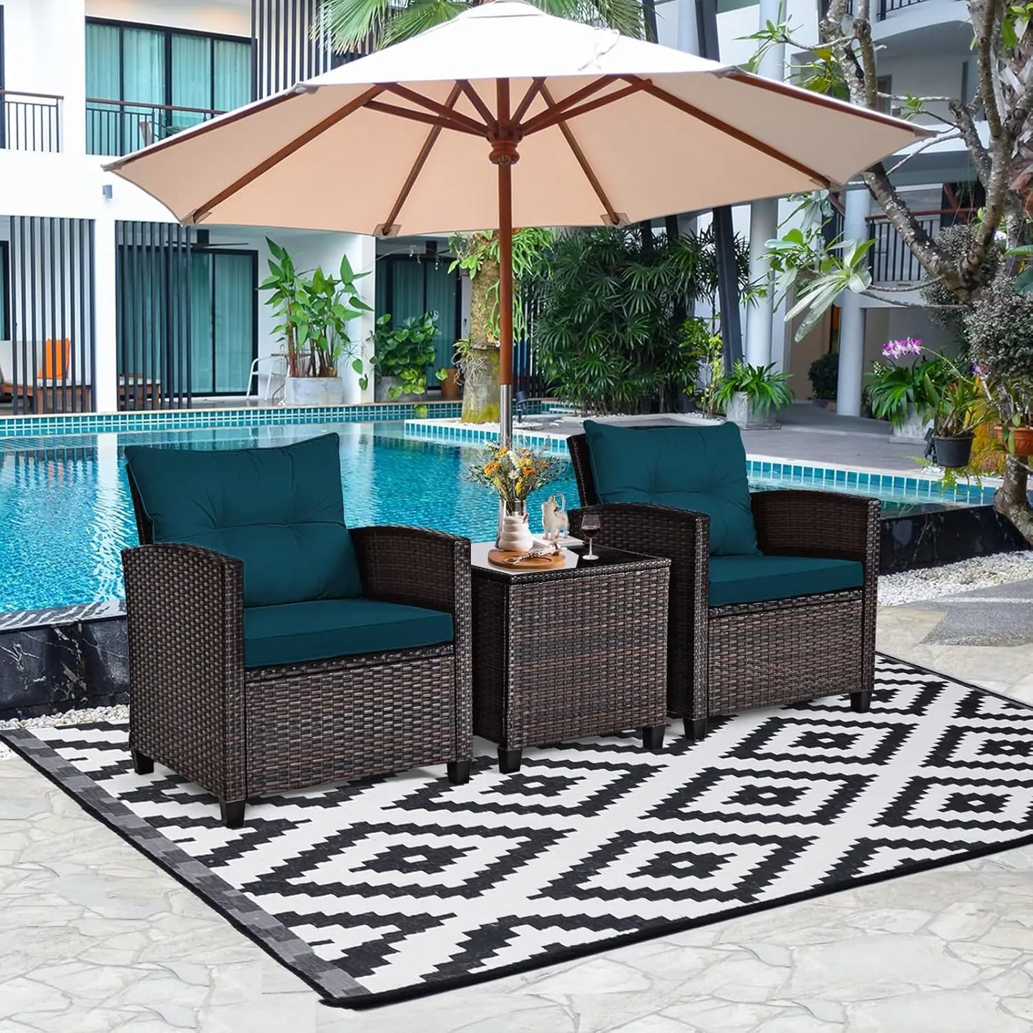 3 Pieces Patio Furniture Set, PE Rattan Wicker Outdoor Sofa Set w/Washable Cushion and Tempered Glass.