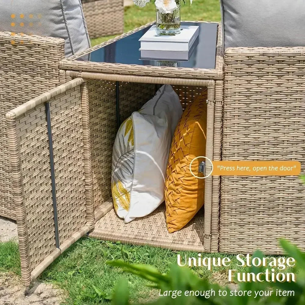 11-Piece Outdoor Wicker Sectional Sofa Set with Storage Wedge Table, Weather-Resistant.
