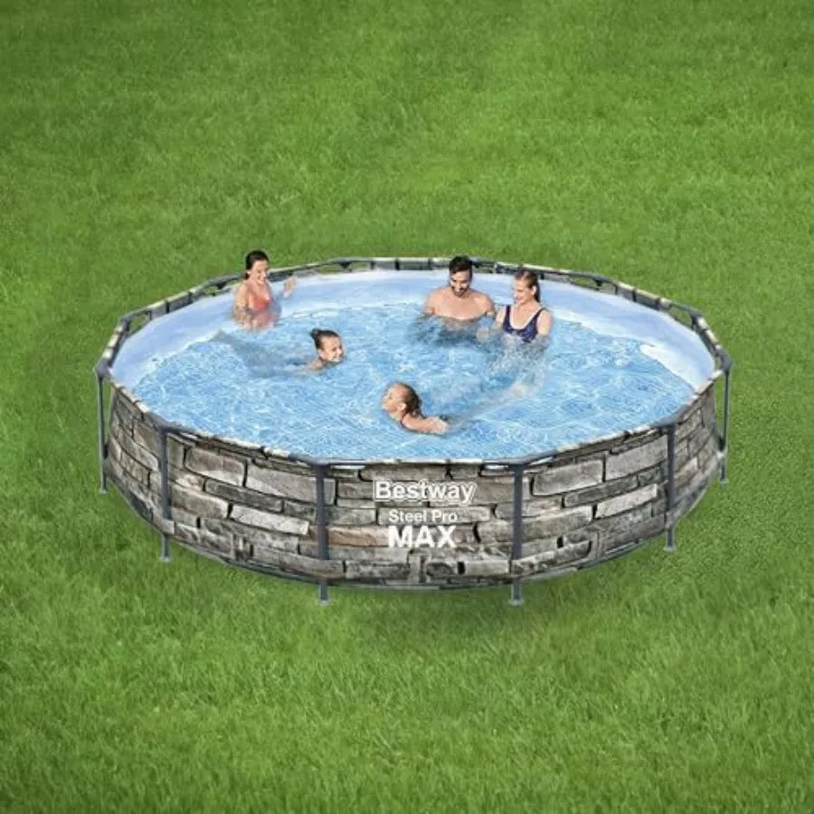 12 Foot x 30 Inch Round Above Ground Swimming Family Pool Set, Steel Frame with Filter Pump