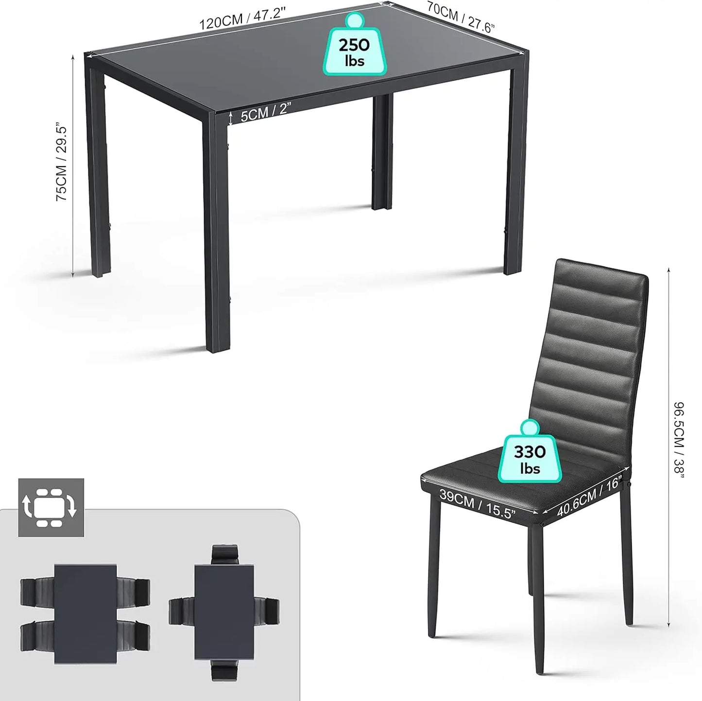 5 Piece Glass Dining Table Set, Kitchen and Chairs for 4, PU Leather Modern Room Set