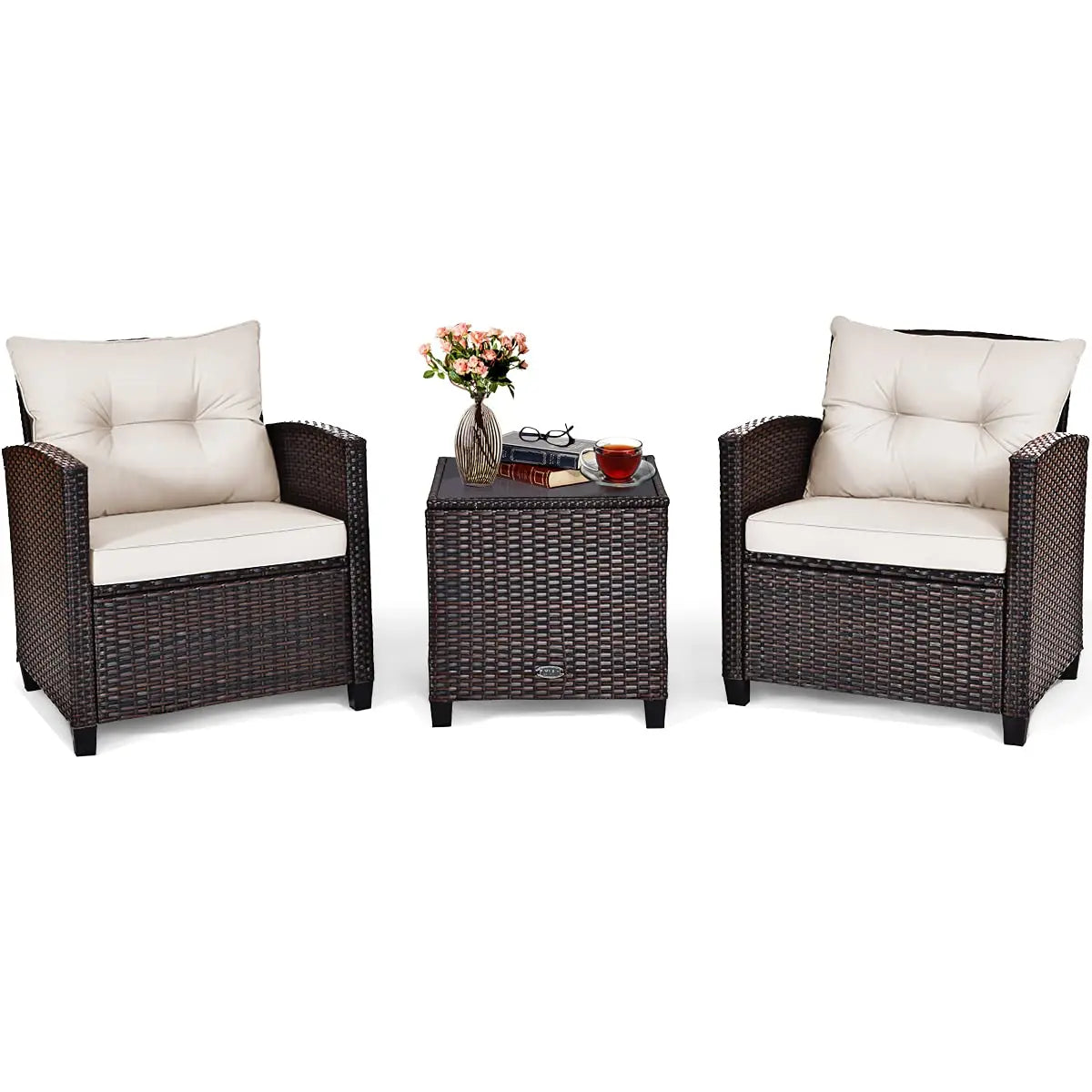 3 Pieces Patio Furniture Set, PE Rattan Wicker Outdoor Sofa Set w/Washable Cushion and Tempered Glass.