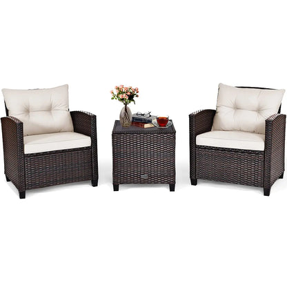 3 Pieces Patio Furniture Set, PE Rattan Wicker Outdoor Sofa Set w/Washable Cushion and Tempered Glass.