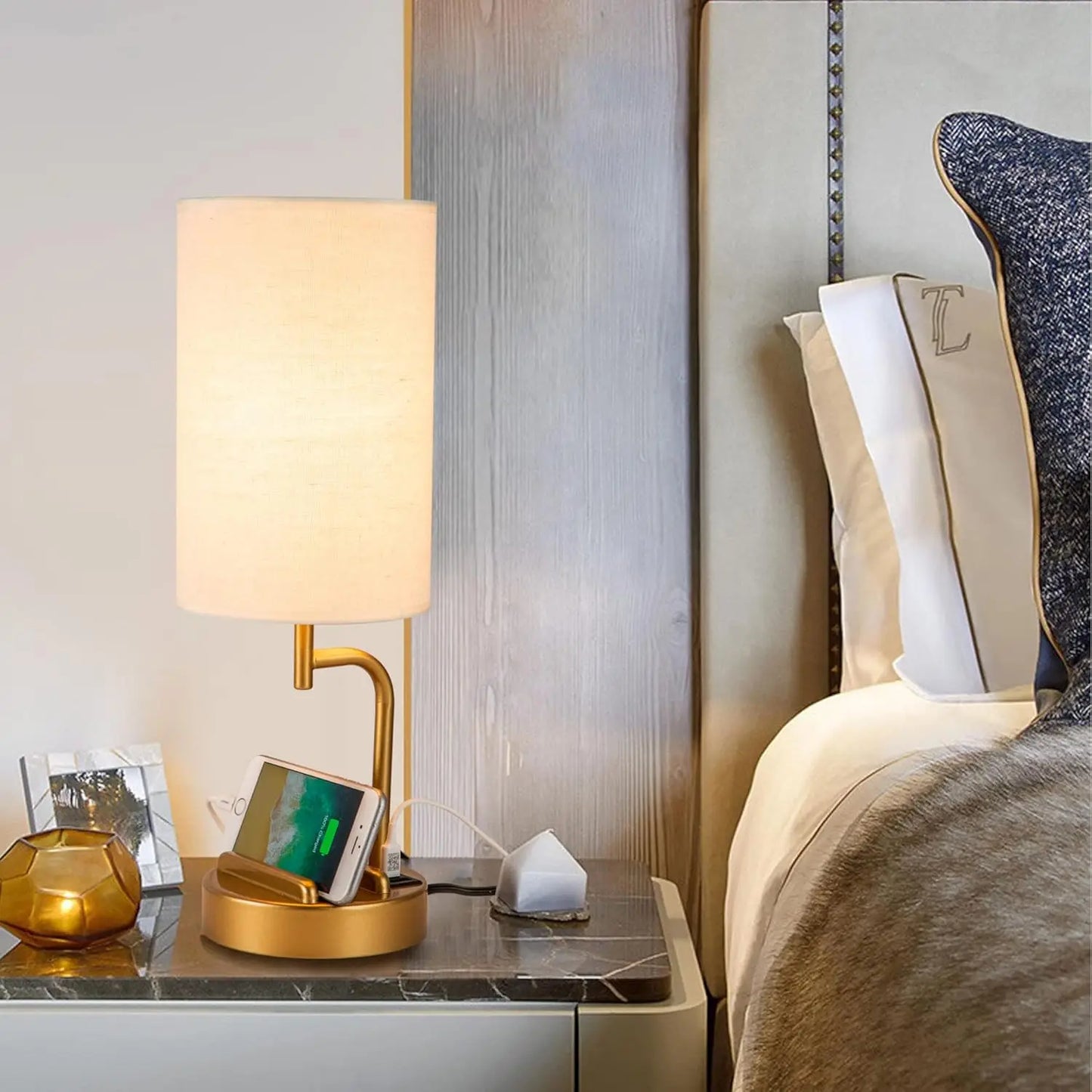 Touch Control USB Table Lamp with Dimmable LED, USB C/A Charging Ports.