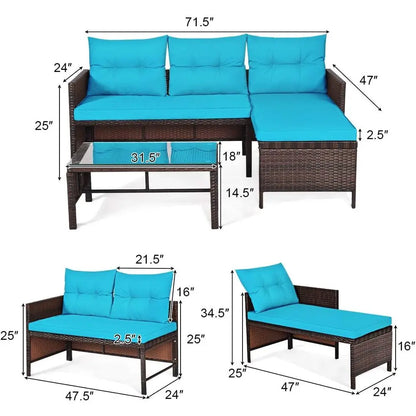 3-Piece Outdoor Rattan Sofa Set with Lounge Chaise and Loveseat Table for Patio.