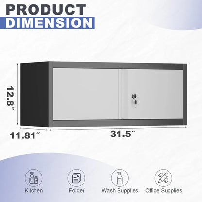 Metal Locking Cabinet, 12.8" H Garage Cabinet Wall Mount, Steel Storage with Doors and Shelves, Floating.