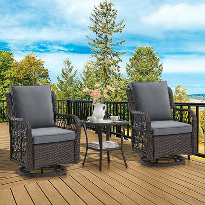 3-Piece Wicker Swivel Rocking Patio Set, 2 Chairs & Glass Table, Outdoor Furniture for Porch & Backyard.