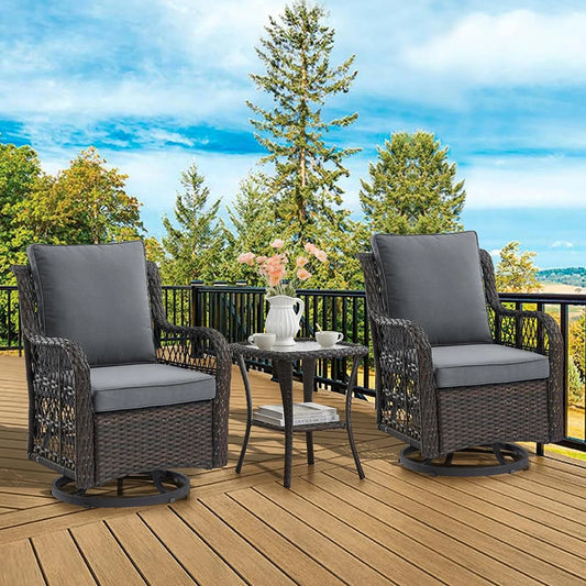 3-Piece Wicker Swivel Rocking Patio Set, 2 Chairs & Glass Table, Outdoor Furniture for Porch & Backyard.