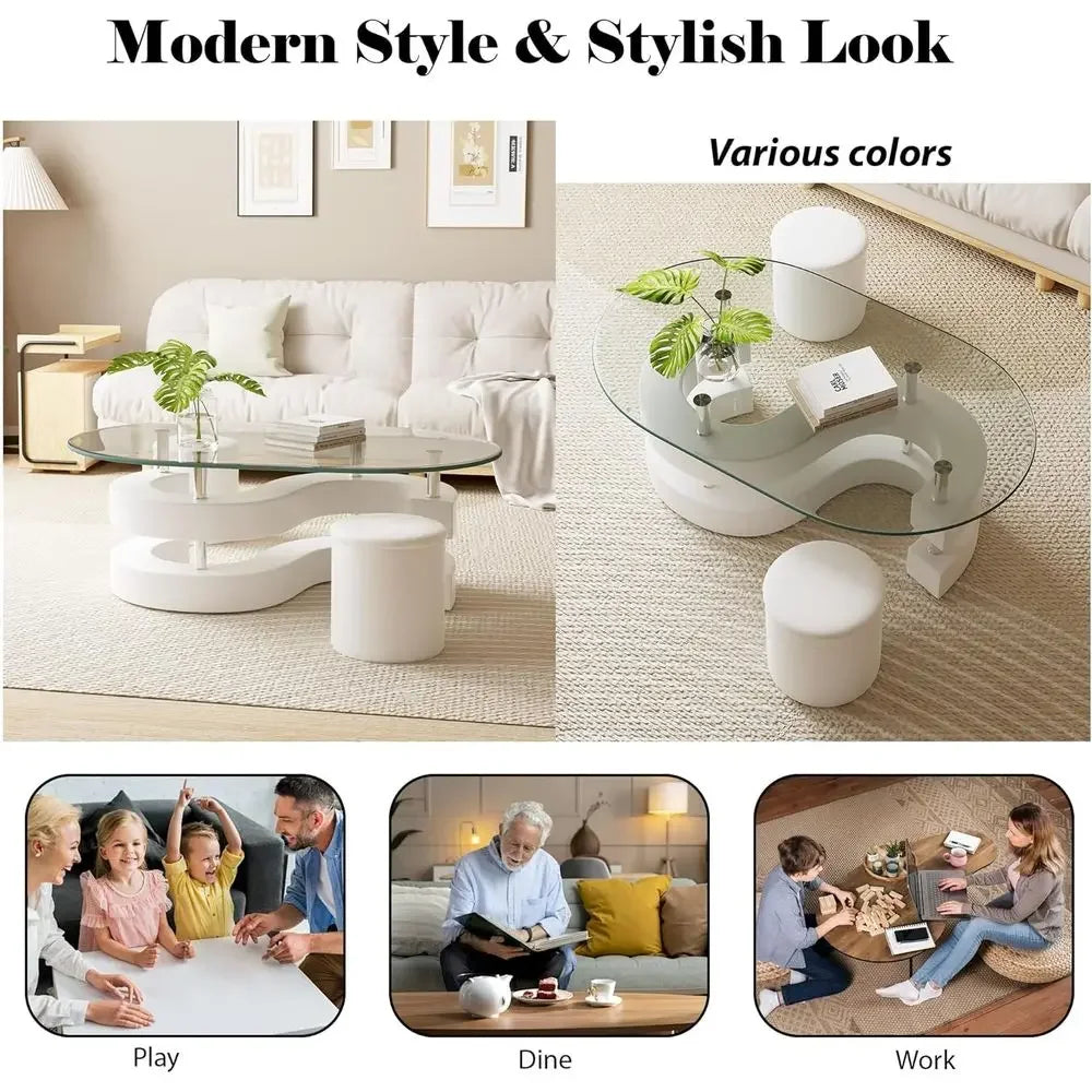 3-Piece Glass Coffee Table Set with Tempered Glass Top and S-Shaped Base, Including 2 Leather Stools.