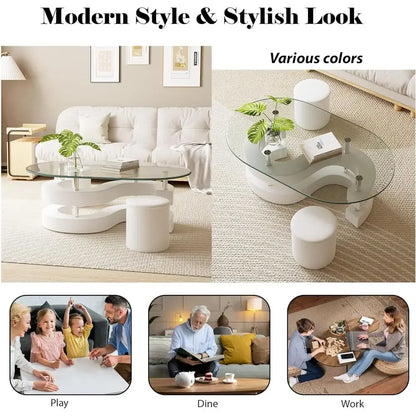 3-Piece Glass Coffee Table Set with Tempered Glass Top and S-Shaped Base, Including 2 Leather Stools.